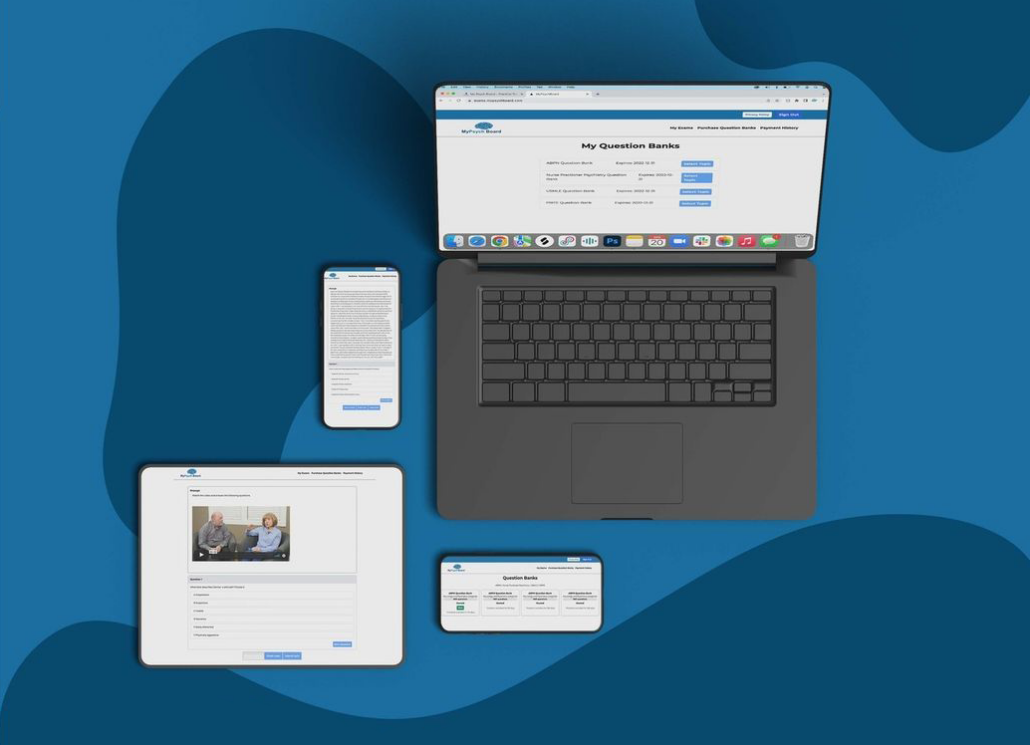 a mac, iphone, and ipad are laid out on a blue background. On each of the screens are a section of the "My Psych Baord" website and question banks.