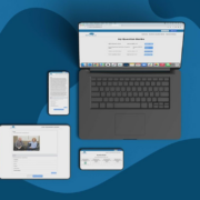 a mac, iphone, and ipad are laid out on a blue background. On each of the screens are a section of the "My Psych Baord" website and question banks.