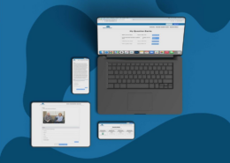 a mac, iphone, and ipad are laid out on a blue background. On each of the screens are a section of the "My Psych Baord" website and question banks.