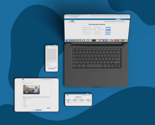 a mac, iphone, and ipad are laid out on a blue background. On each of the screens are a section of the "My Psych Baord" website and question banks.