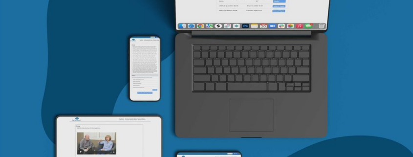 a mac, iphone, and ipad are laid out on a blue background. On each of the screens are a section of the "My Psych Baord" website and question banks.