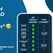 An image reads "My Psych Board vs. Them - Competition broken down and compared!" It shows a phone with check marks showcasing how great MPD is compared to others!