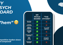 An image reads "My Psych Board vs. Them - Competition broken down and compared!" It shows a phone with check marks showcasing how great MPD is compared to others!