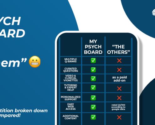 An image reads "My Psych Board vs. Them - Competition broken down and compared!" It shows a phone with check marks showcasing how great MPD is compared to others!