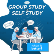 an illustration of Students sitting around a table studying together. A text bubble reads "ok next chapter". Text on the top of the screen reads "Group Study vs Self Study, which is better?"