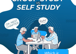 an illustration of Students sitting around a table studying together. A text bubble reads "ok next chapter". Text on the top of the screen reads "Group Study vs Self Study, which is better?"