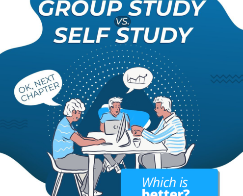 an illustration of Students sitting around a table studying together. A text bubble reads "ok next chapter". Text on the top of the screen reads "Group Study vs Self Study, which is better?"