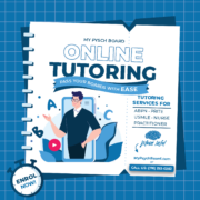 Online tutoring graphic, student surrounded by grades