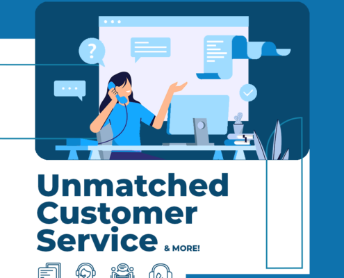 text "unmatched customer service" below graphic of person on the phone