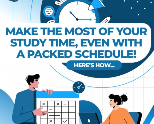 text "make the most of your study time, even with a packed schedule" over two people looking at a chart