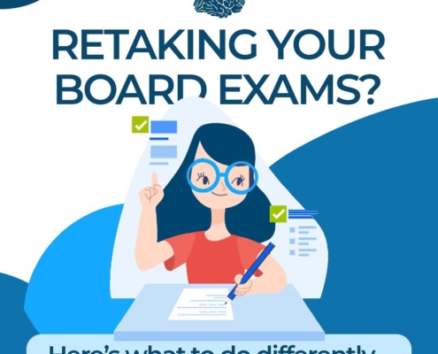 girl taking exam with text "retaking your board exams? here's what to do differently"